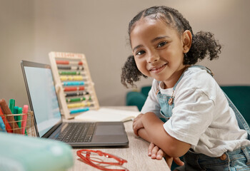 Canvas Print - E learning, portrait and child with mockup laptop for covid distance education, youth development or online home school. Elearning, mock up screen or African student girl study with math software app