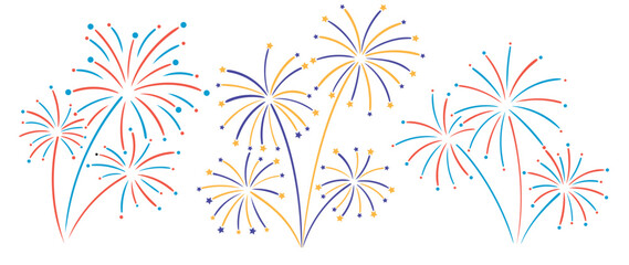 Wall Mural - set of new year festive firework vector illustration. collection of vibrant colorful fireworks on wh