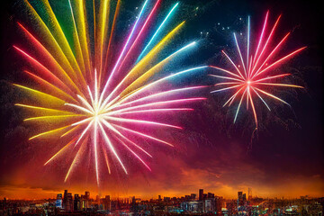 Wall Mural - fireworks over the city, generative ai illustration