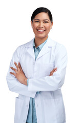 PNG of a cropped portrait of an attractive young female scientist standing with her arms folded in studio against a grey background