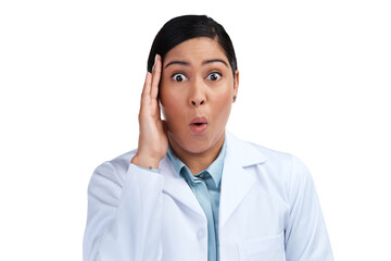 Wall Mural - PNG of a cropped portrait of an attractive young female scientist looking shocked in studio against a grey background