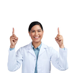 Wall Mural - PNG of a cropped portrait of an attractive young female scientist gesturing size in studio against a grey background