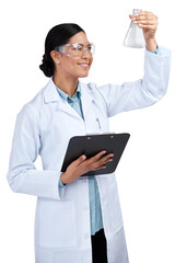 Wall Mural - PNG of a cropped shot of an attractive young female scientist examining a beaker filled with liquid in studio against a grey background