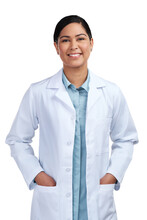 PNG Of A Cropped Portrait Of An Attractive Young Female Scientist Standing With Her Hands In Her Pockets In Studio Against A Grey Background