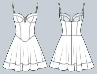 Corset mini Dress technical fashion Illustration. Dress with shoulder straps technical drawing template, slim fit, zip-up, front and back view, white color, CAD mockup.