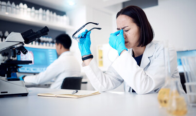 Poster - Headache, science and research with a woman at work in a laboratory with anxiety or suffering burnout. Doctor, stress and medicine with a female scientist working in a lab with mental health issues