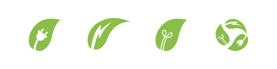 Green energy icon. Renewable eco power logo vector set. Green natural electricity. Leaf nature energy.