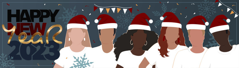 Wall Mural - Happy New Year 2023 long horizontal banner. A group of diverse people wearing Santa hats. Modern flat illustration.