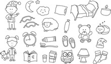 Hand Drawn Kids Drawing Vector Illustration Set Of Sleep Time, Bed Time Icon In Doodle Style