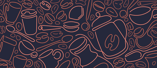 Coffee line background. Abstract graphic cup, bean