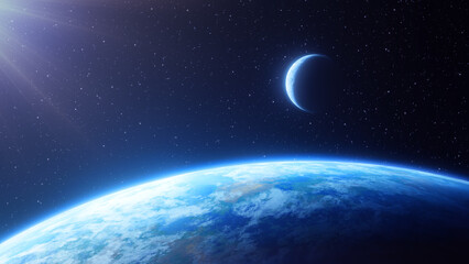 Wall Mural - view of the surface of a blue earth-like terrestrial globe with the moon orbiting above the horizon 