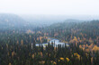 A view to river Kitka (Kitkajoki) and colorful forest during a misty autumn day in Oulanka National Park, Northern Finland