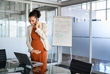 Pregnant Black Business Woman Working In Office With Copy Space