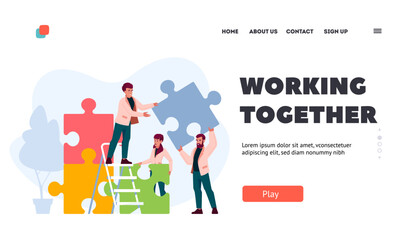 Wall Mural - People Group Working Together Landing Page Template. Businesspeople Teamwork, Office Employees Set Up Puzzle Pieces