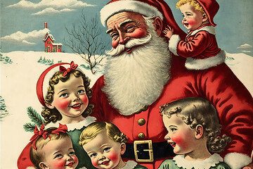 Wall Mural - 1950s painted vintage style christmas card with a fictional jolly santa claus surrounded by happy children in a snowy landscape, AI generated