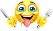 A hungry drooling saliva emoji emoticon face cartoon icon holding a knife and fork