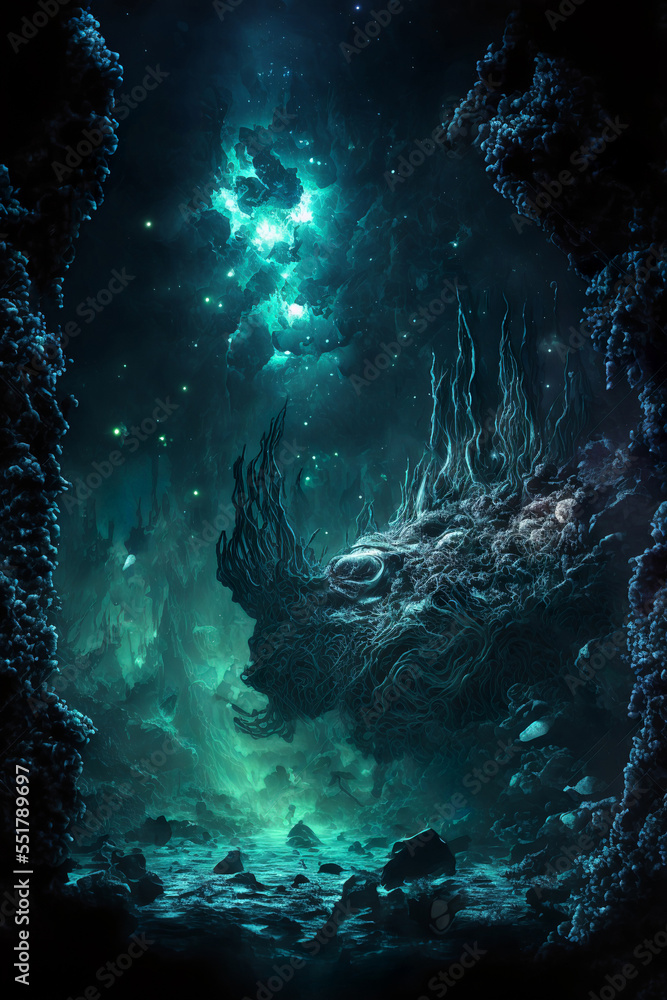 Deep sea underwater fantasy landscape with bioluminescent lifeformes on ...
