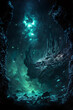 Deep sea underwater fantasy landscape with bioluminescent lifeformes on alien ocean