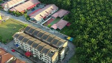 Birds Eye View Aerial Flyover Residential Kampung China Neighborhood, Seri Manjung, Sitiawan, Hectares Of Palm Tree Commercial Business Plantations, Malaysia Rank Top Among Global Market Suppliers.