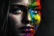 © cfhdesign - Close up of beautiful woman's face with half painted in rainbow paint, Generative AI, is not based on any original image, character or person