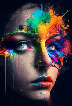 Close up of beautiful woman's face with half covered in rainbow paint splashing and dripping, Generative AI, is not based on any original image, character or person
