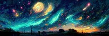 Abstract Fantasy Landscape In Multi Colors With Stars. Generative AI