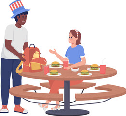 Wall Mural - Man and woman at picnic semi flat color raster characters. Posing figures. Full body people on white. July fourth holiday simple cartoon style illustration for web graphic design and animation