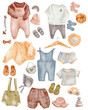Watercolor baby apparels and toys on transparent background. Set of boho baby style clothes. Eco friendly baby toys. PNG set of kids clothes.