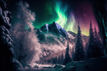 Northern lights against the background of snowy trees in the winter forest. Digital art