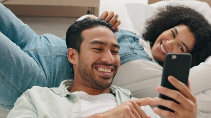 Poster - Phone, love and social media with a diversity couple in their home together to relax over the weekend. Smartphone, technology and internet with a man and woman bonding in the living room of a house