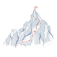 Wall Mural - Mountain climbing route to top rock with red flag on peak. Business journey path in progress, way to success or concept of goal.  polygon dot connect line style