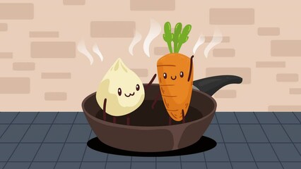 Canvas Print - carrot and garlic in pan kawaii animation