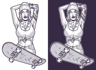 Sticker - Tattooed girl skateboarder element monochrome