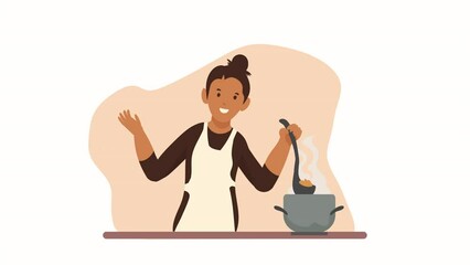 Wall Mural - woman cooking soup character animation