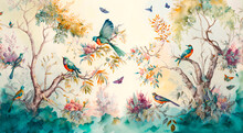 Watercolor Painting Digital Art High Quality, Of A Forest Landscape With Birds, Butterflies And Trees, In  Colors  Consistent Style-1