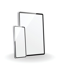 Electronic device mockup. White tablet and smartphone. New version of modern, premium hardware. Gadget template with shadow isolated on white background