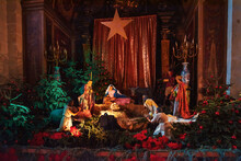 Nativity Scene In Church. Christmas Decoration. Holiday Celebration. Notre Dame Church In Bordeaux, France. 