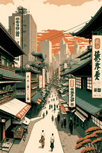 Abstract Painting Concept. Colorful Art Of A Modern Street Scene Of Modern Tokyo In Ukiyo-e Style. Digital Art Image.