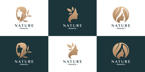 Wall Mural - natural beauty woman face logo design combine with leaf logo collection.