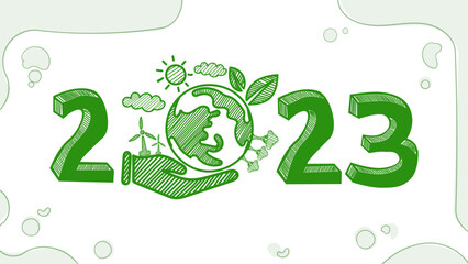 Wall Mural - 2023 New year, Eco friendly, Sustainability planning concept with globe and World environmental green doodle drawing on white background ,Vector illustration