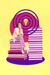 Poster - Vertical collage portrait of mini cheerful girl sit pile stack book think light bulb bright idea isolated on creative background