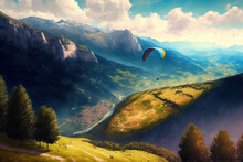Starting In Sorgia, Ain, France, This Paraglider Takes Off And Flies Above The French Town Of Bellegarde Sur Valserine. Generative AI