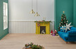 © UnitedPhotoStudio - Green and white wall room happy new year concept, Christmas tree accessory gift box carpet design and yellow fireplace style.