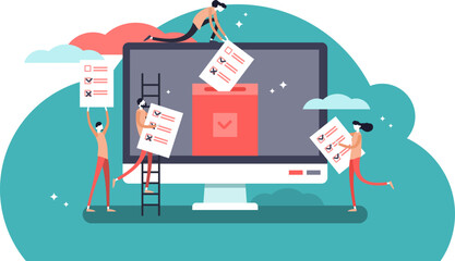 Online voting mini people concept flat, transparent background illustration with computer screen,voting box and voters making decisions.Modern electronic voting system for election,government rules an