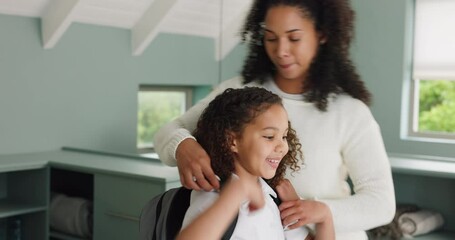 Poster - School, bag and mother with girl ready to leave home for education, learning and class in morning. Family, love and mom helping child with uniform, backpack and packing for first day back to school