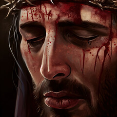 Jesus wearing a crown of thorns. Generative AI