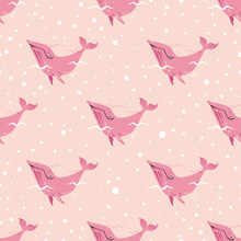 Vector Seamless Pattern With Hand-Drawn Cartoon Cute Pink Whales, Waves And Bubbles. Print With Ocean Animals, Trendy Wallpaper, Unusual Children's Design.