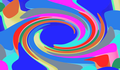 Multi-colored spinning swirl graphic with melting 80's to 90's retro-vibe colors going clockwise on blue background