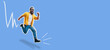 © San4ezz007 - Full length view of handsome hipster guy with beard active running through the air on color isolated background. Collage in magazine style. Modern creative artwork, copyspace for ad.
