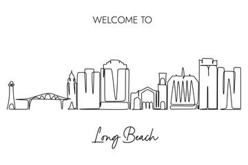 Wall Mural - One continuous line drawing of Long Beach City Skyline. Simple line art hand drawn style design vector illustration for tourism campaign concept